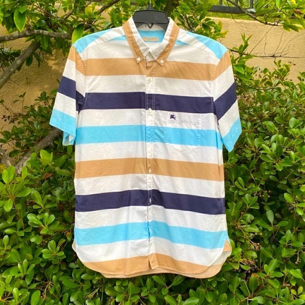 Burberry Boys Blue/Tan/White Striped Short Sleeve Button Down Shirt. Large. EUC!